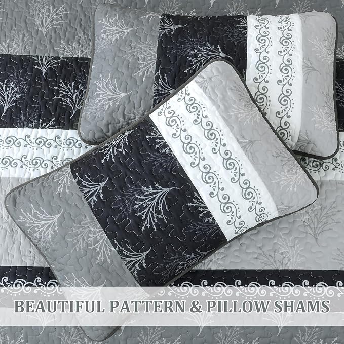 DJY Gray Quilt Set Queen Size Boho Striped Patchwork Bedspread Coverlet - Image 7