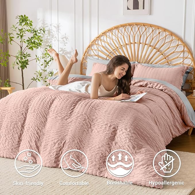 HYMOKEGE Rose Gold/Light Grey Duvet Cover Full Size, Ultra Soft 3-Piece - Image 2