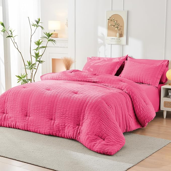 HYMOKEGE Hot Pink Twin Comforter Set Seersucker 5 Pieces, All Season Luxury Bed - Image 8