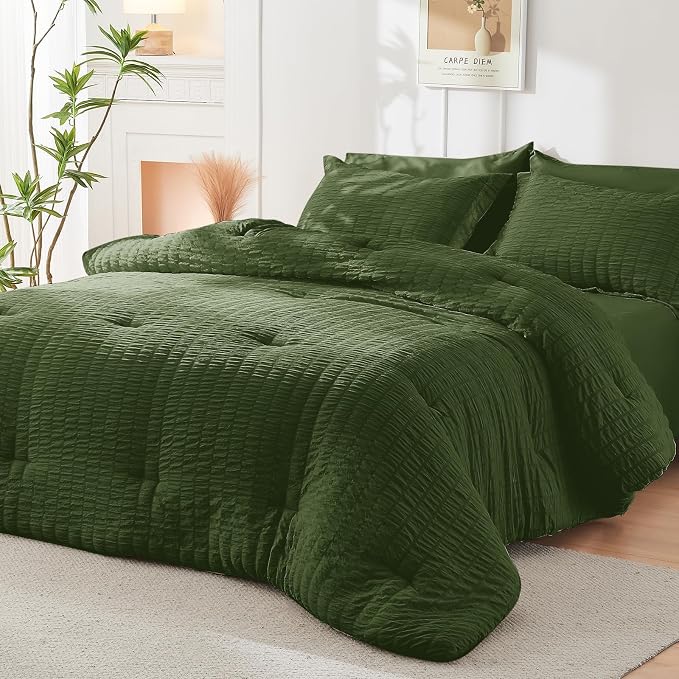 HYMOKEGE Olive Green King Size Comforter Set Seersucker 7 Pieces, All Season - Image 8