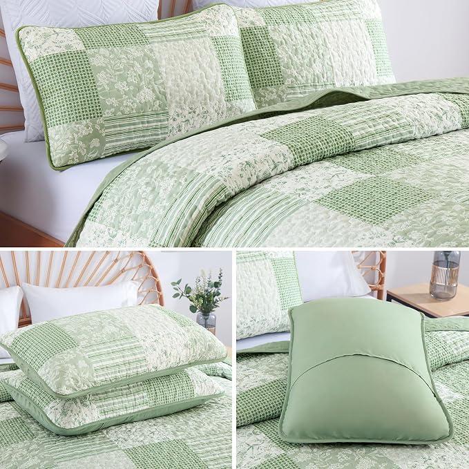 Mybedsoul Light Green Quilt Set Queen Size, 3 Pieces Plaid Floral Bedspread Set - Image 6