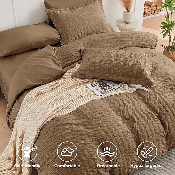 HYMOKEGE Brown King Size Comforter Set Seersucker 7 Pieces, All Season Luxury - Image 3