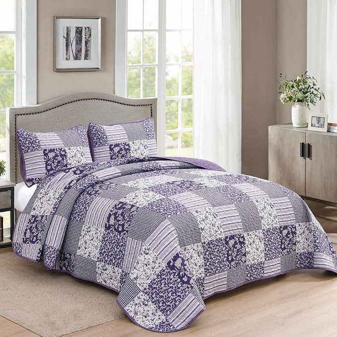 Mybedsoul Purple Quilt Set Queen Size, 3 Pieces Boho Floral Plaid Bedspread - Image 2
