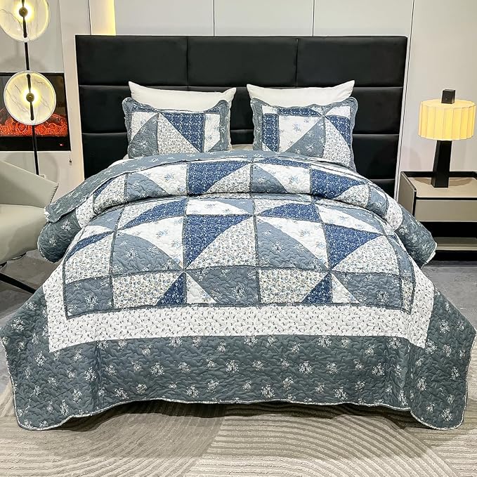 Oversized King Size Grey Floral Plaid Patchwork Quilt Set 128x120 Extra Wide - Image 2