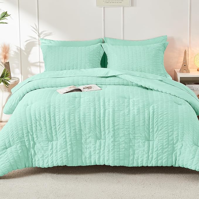 HYMOKEGE Mint Green California King Comforter Set Seersucker 7 Pieces, All - Image 9