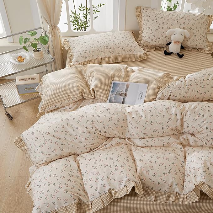 mixinni Beige Floral Duvet Cover Twin Size, 100% Cotton Cute Strawberry Floral - Image 5