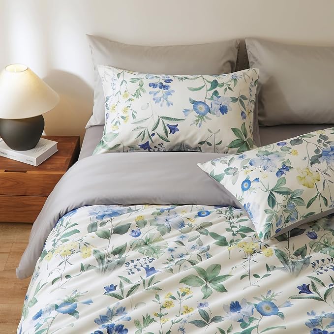 mixinni Reversible Floral Duvet Cover Set Queen Size, 3 Piece Blue Green - Image 7