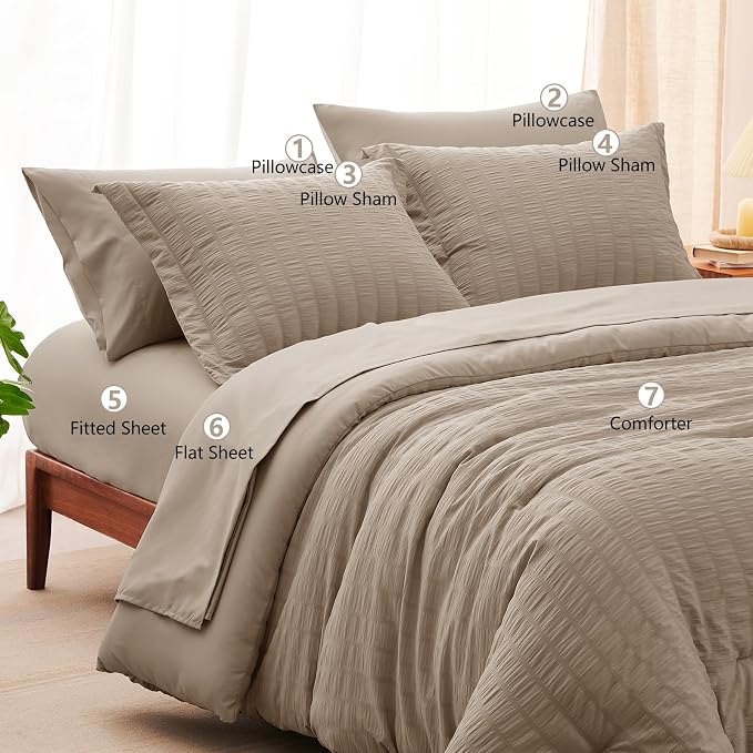 CozyLux Queen Comforter Set Khaki Seersucker 7 Pieces Bed in a Bag Queen - Image 8