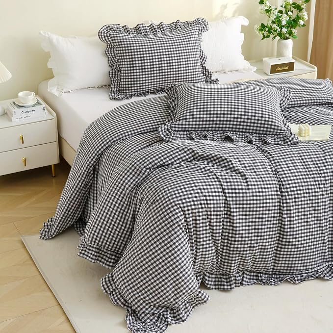 Silnuo Black/White Checkered Ruffle 3-Piece Duvet Cover Set Queen Size - Image 2