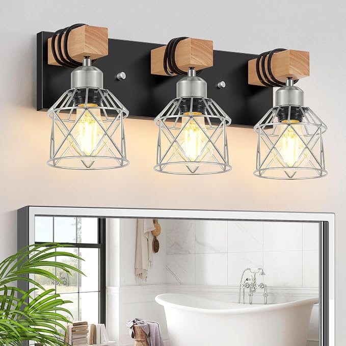 FadimiKoo 3-Light Wood Bathroom Light Fixtures Over Mirror, Rustic Black Silver by FadimiKoo