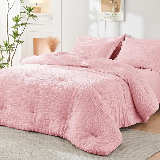 HYMOKEGE Pink Full Size Comforter Sets Seersucker 7 Pieces, All Season Luxury - Image 8