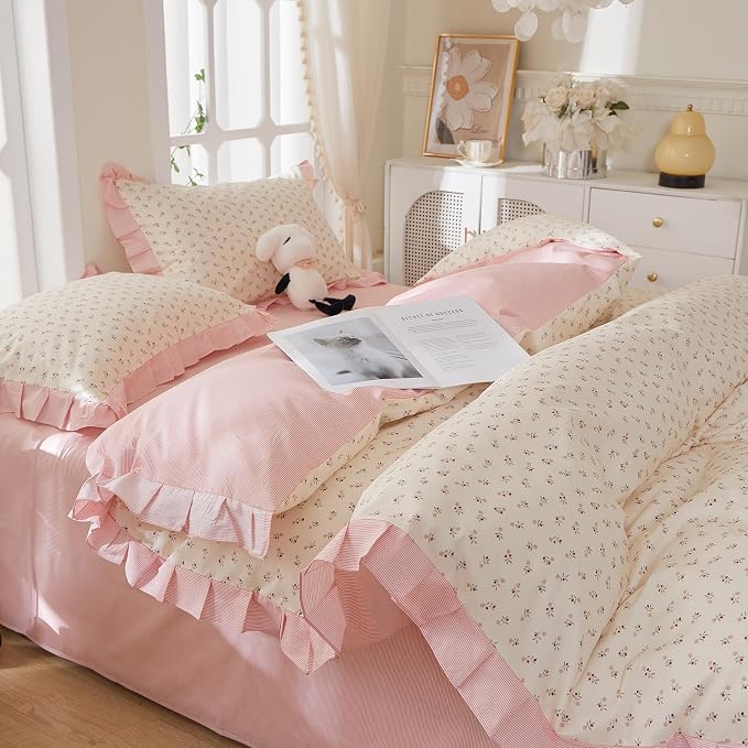 mixinni Pink Floral Duvet Cover Set Queen Size – 100% Cotton Ruffle Lace Bedding - Image 4