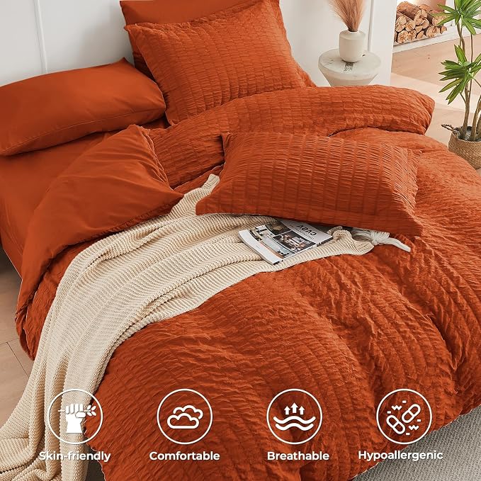 HYMOKEGE Burnt Orange California King Comforter Set Seersucker 7 Pieces - Image 3