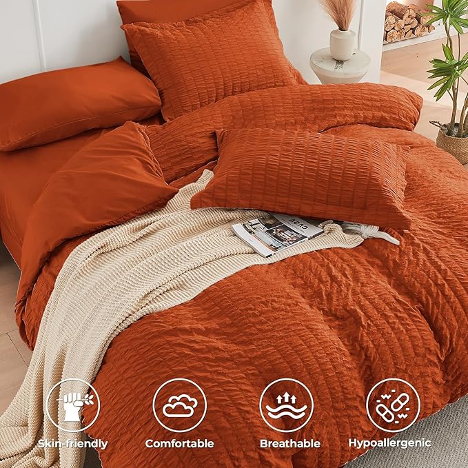 HYMOKEGE Burnt Orange Duvet Cover King Size, Ultra Soft 3-Piece Seersucker - Image 2