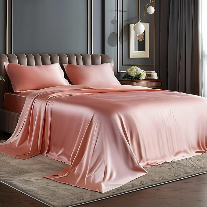 BEDELITE King Size Sheets Set, Luxury Soft Rose Pink Satin Sheets by BEDELITE