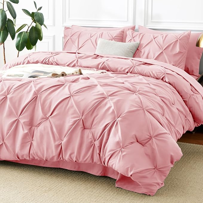 CozyLux Queen Comforter Set Pink, 7 Pieces Pintuck Bed in A Bag, Premium Pink by CozyLux