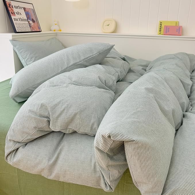 mixinni Green Striped Duvet Cover Twin Size - Image 6