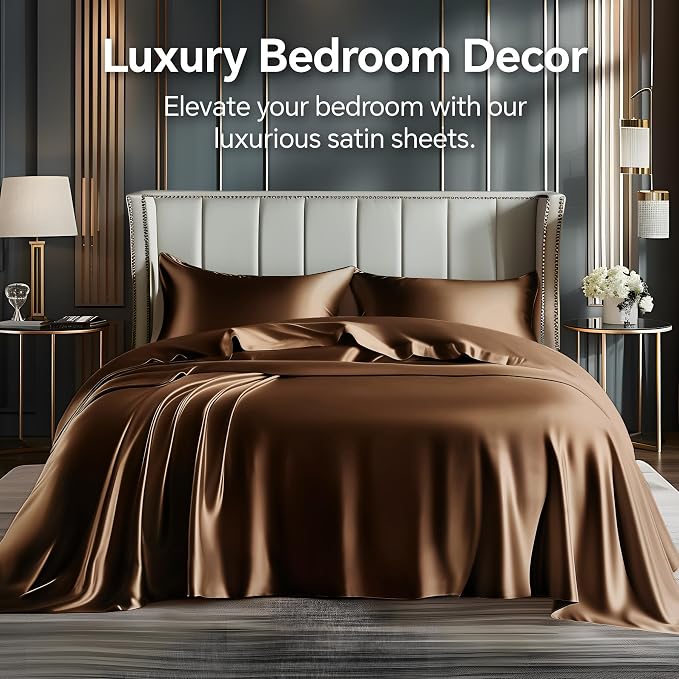 BEDELITE Satin Sheets Queen Size Bed Set, Luxury Soft Brown Silky Sheets - Image 2