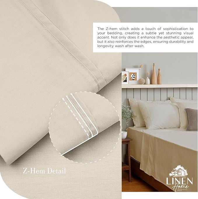 Linen Home 100% Cotton Percale Sheets King Size, Light Taupe, Deep Pocket - Image 3