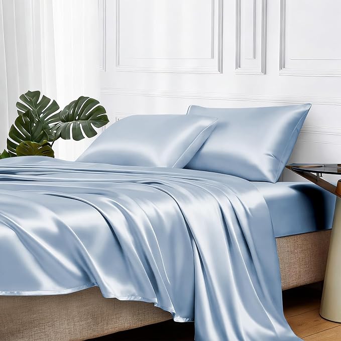 MR&HM Satin Bed Sheets with Elastic Corner Straps, Full Size Sheets Set by MRHM