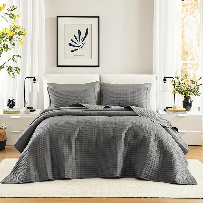 Comfort Spaces Charcoal Oversized Queen Quilt Set 102"x118" Bedspread Quilted by ComfortSpaces