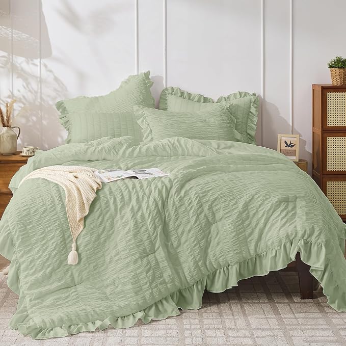 JOLLYVOGUE Sage Green Queen Comforter Set, 3 Pieces Seersucker Comforters Queen by JOLLYVOGUE