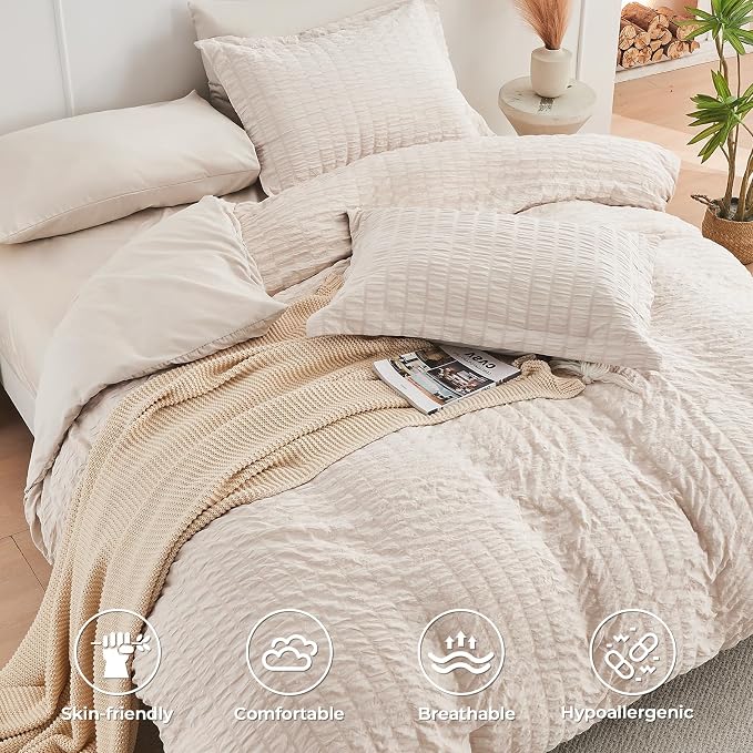 HYMOKEGE Beige Duvet Cover Full Size, Ultra Soft 3-Piece Seersucker Duvet Cover - Image 2