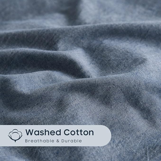 Wake In Cloud - Cotton Duvet Cover Set, Twin Size, Chambray Denim Blue - Image 6