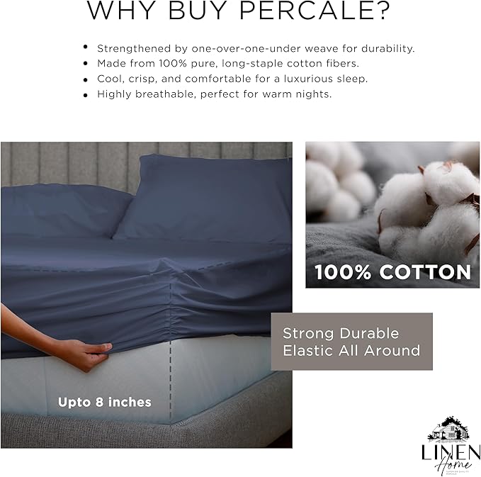 Linen Home 100% Cotton Percale Sheet Set, Full Size, Dark Blue, Deep Pocket - Image 4
