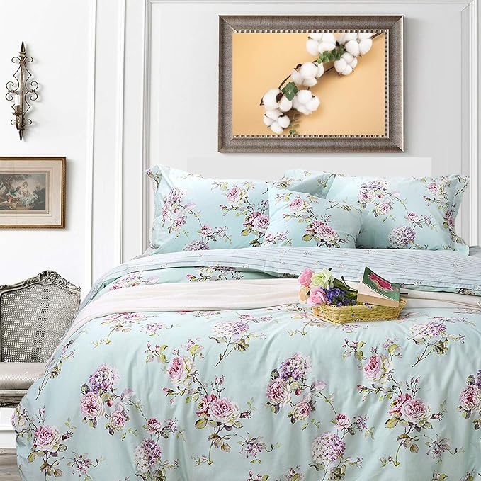 FADFAY Cotton Duvet Cover Set Full Size Blue Floral Bedding Set Super Soft by CottonWorldSweetDream