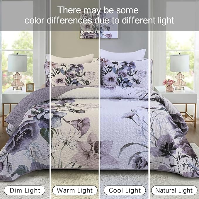 3 Pieces Floral Quilt Set Full Purple Flower Pattern Quilt Coverlet Set Soft - Image 6