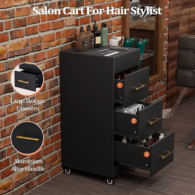 Salon Trolley Cart with Wheels, 3-Drawer Rolling Hair Styling Station, Mobile - Image 2