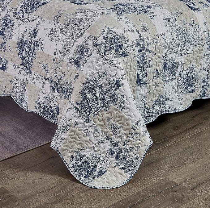 Brilliant Sunshine Blue Toile in Beige and Ivory Patches, 3-Piece Quilt Set - Image 6