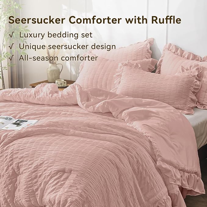 JOLLYVOGUE Twin Size Comforter Set, 2 Pieces Rose Gold Seersucker Lightweight - Image 3
