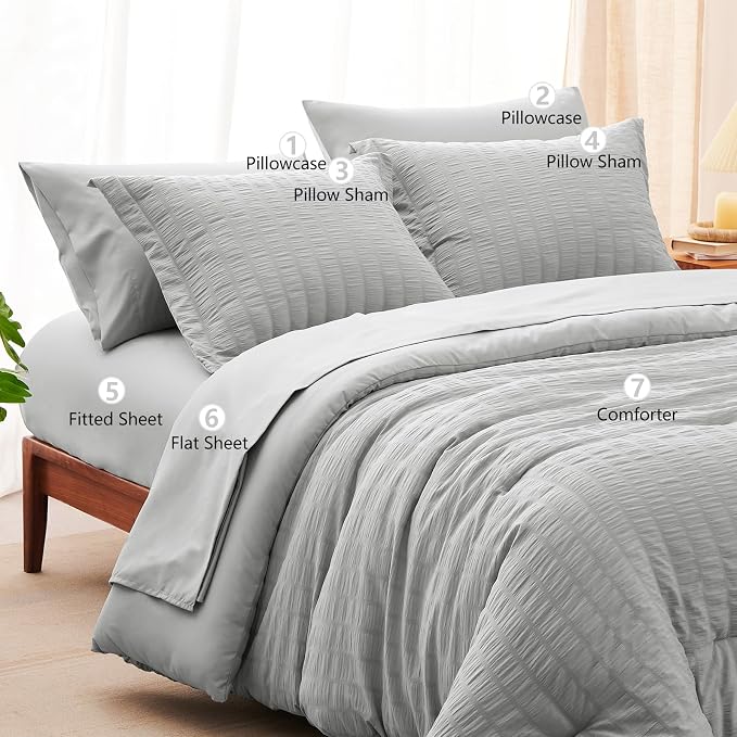 CozyLux Oversized King Comforter Set Light Grey Seersucker 7 Pieces 120x98 Bed - Image 8