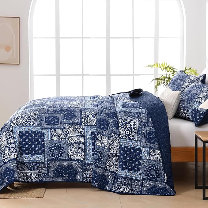 Cottolester Blue Patchwork Quilt Set King Size, Boho Navy Blue Quilt Set - Image 6