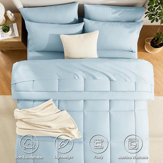 CozyLux Full Size Comforter Sets Light Blue, 7 Pieces Bed in a Bag, All Season - Image 2