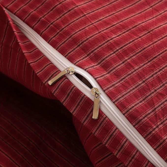 PinkMemory Red Striped Duvet Cover Queen 100% Washed Cotton Vintage Stripes - Image 5
