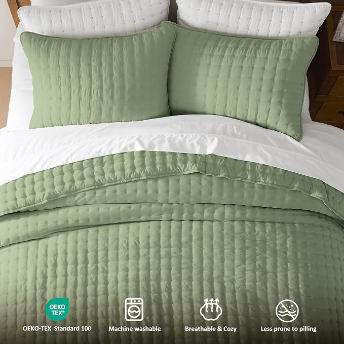 WDCOZY Sage Green Cloud Quilt Set Twin Size, Lightweight Soft Cross Stitch - Image 7