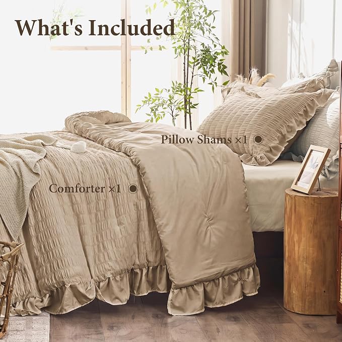 JOLLYVOGUE Twin Size Comforter Set, 2 Pieces Khaki Seersucker Lightweight - Image 7