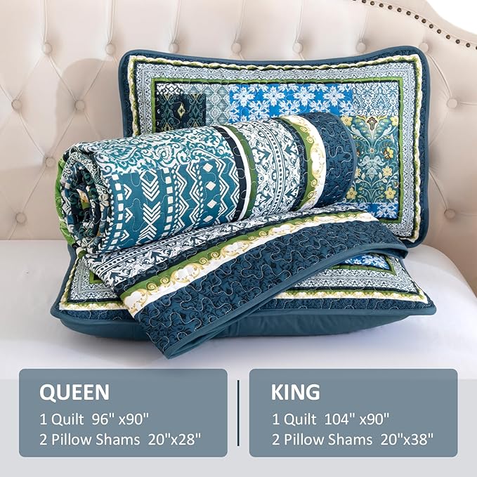 WONGS BEDDING Teal Quilt King Size, 3 Pieces Boho Patchwork Quilt Soft Coverlet - Image 7
