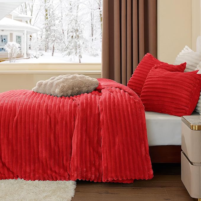 BEDELITE Fleece King Comforter Set -Super Soft & Warm Fluffy Red Bedding - Image 4
