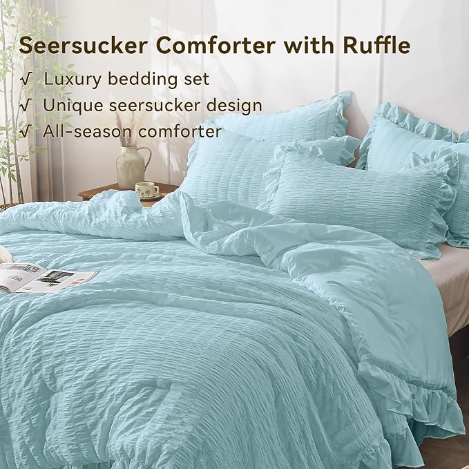 JOLLYVOGUE Light Blue King Size Comforter Set, 3 Pieces Seersucker Comforter - Image 3