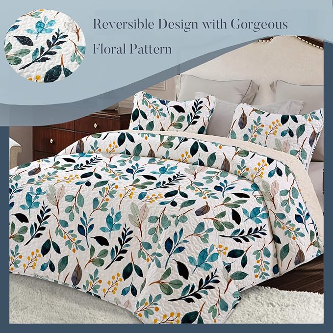 Whale Flotilla Reversible Printed Quilt King Size, Extra Soft Boho Floral Leaf - Image 2