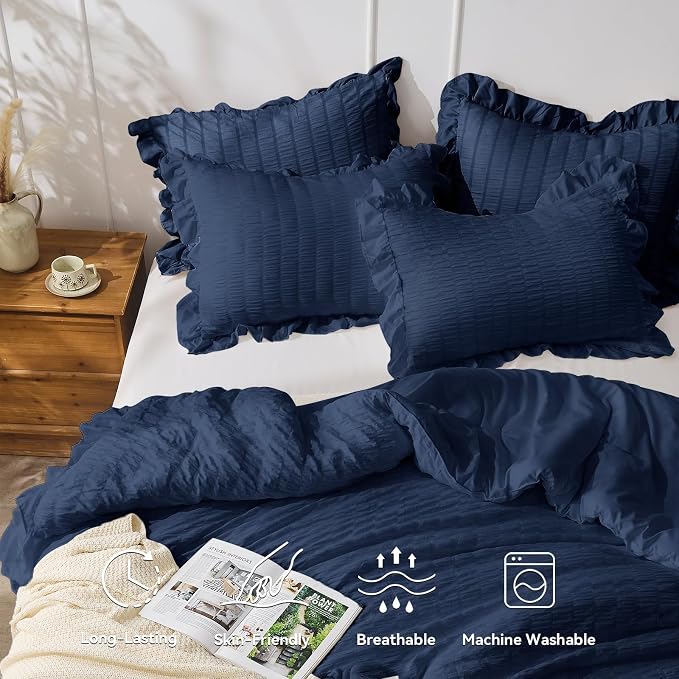 JOLLYVOGUE Navy Blue Comforter Full Size, 3 Pieces Seersucker Lightweight Full - Image 3