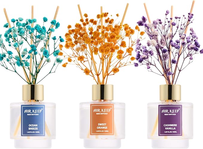 Airkeep Reed Diffuser Set of 3, Ocean Breeze Sweet Orange Cashmere Vanilla Oil by Airkeep