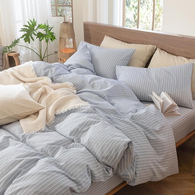 MooMee Striped Duvet Cover Set 100% Washed Cotton Linen Like Textured - Image 7
