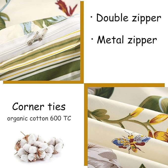 FADFAY Floral Duvet Cover Set 100% Cotton Green and Beige Striped Shabby Flower - Image 3