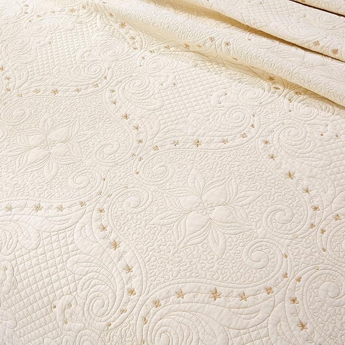 ROOMLIFE Quilt Set Full Size 3D Floral Embroidery Pattern 3-Piece Cotton - Image 3