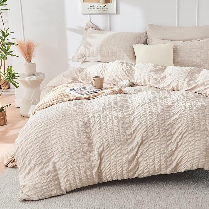 HYMOKEGE Beige Duvet Cover King Size, Ultra Soft 3-Piece Seersucker Duvet Cover by HYMOKEGE